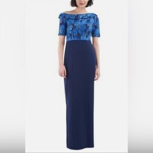 NWT J S Collections Size 12 Floral Off the Shoulder Sequin‎ Maxi Dress Navy